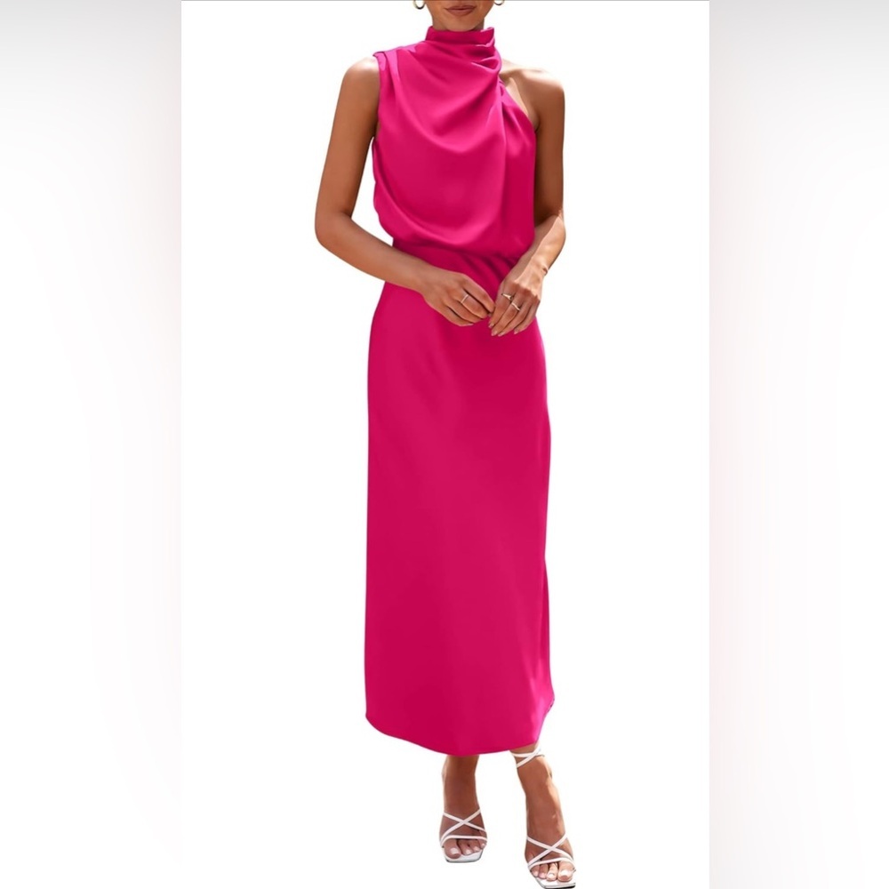Women 2024 Satin Dress Elegant Sleeveless Mock Neck Cocktail Party Maxi Dress